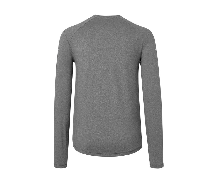 Widok z tyłu antracytowej melanżowej koszulki funkcyjnej z długim rękawem.