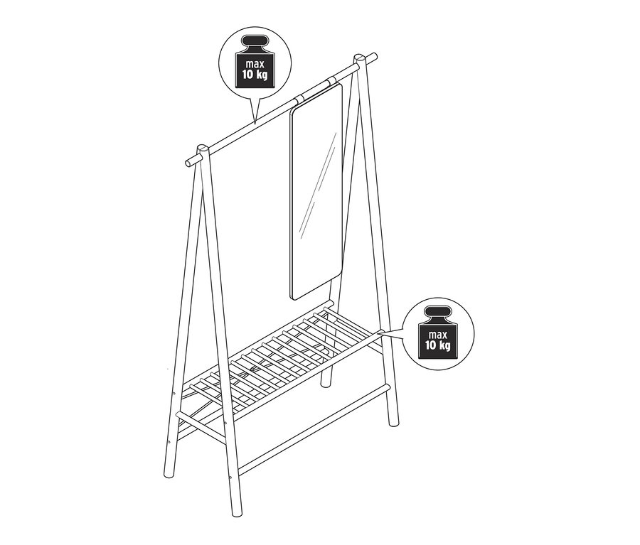 Rysunek drewnianego wieszaka na ubrania z lustrem i dolną półką. Maksymalna nośność górnej belki i dolnej półki wynosi 10 kg.