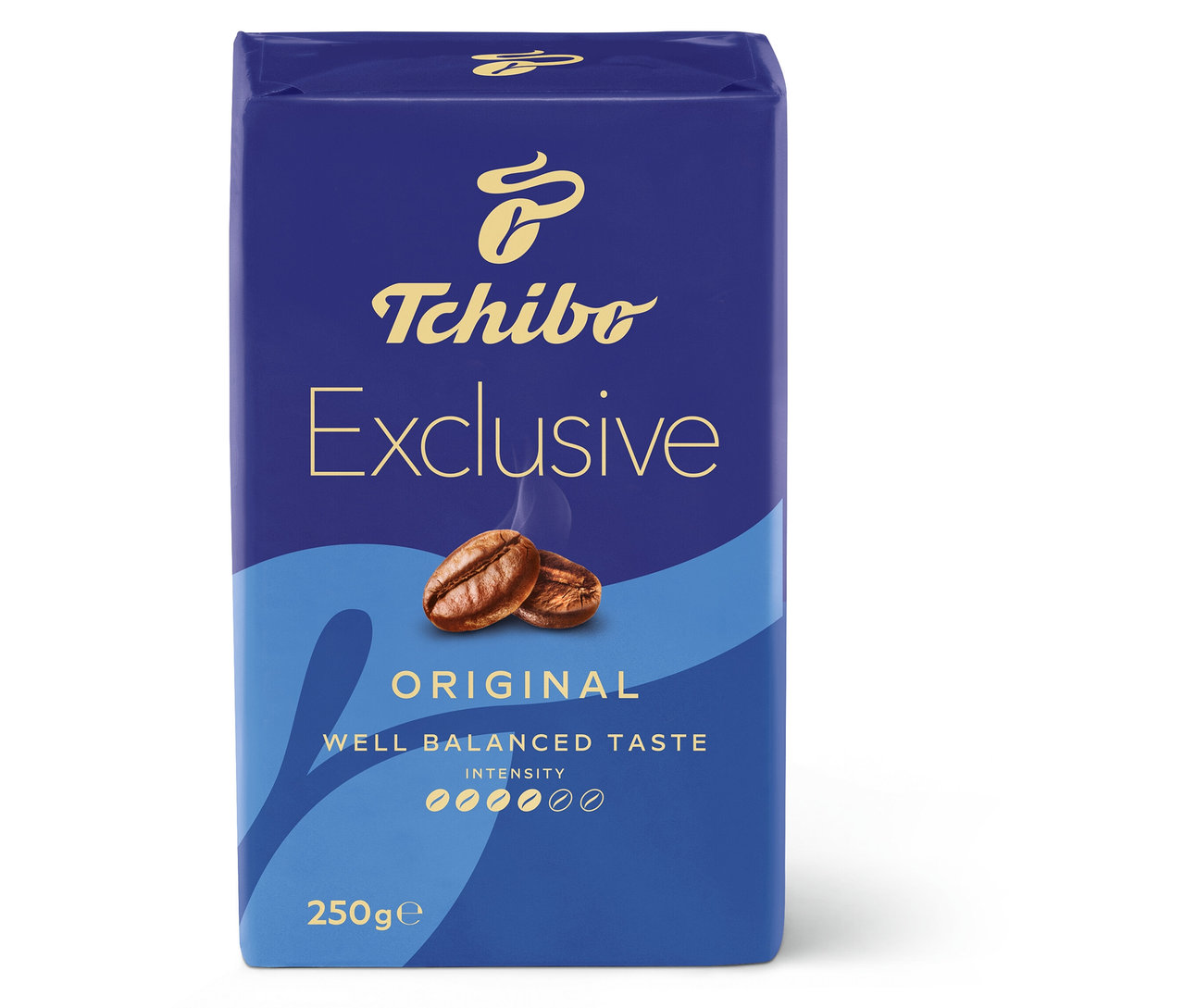 Paczka kawy mielonej Tchibo Exclusive, 250 g, w niebieskim opakowaniu.