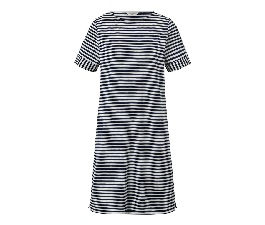 Dżersejowa sukienka w paski z krótkim rękawem.