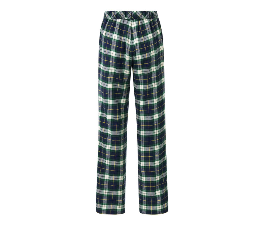 Zielone flanelowe spodnie rekreacyjne w kratę.