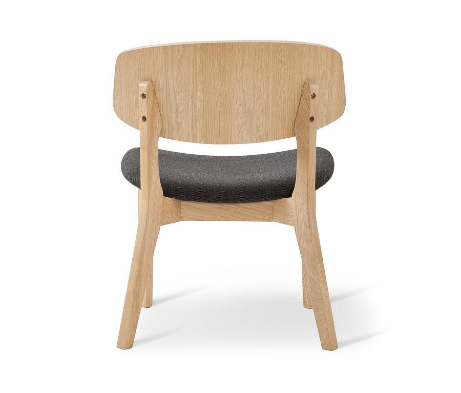 Widok z tyłu na krzesło z szarym siedziskiem.