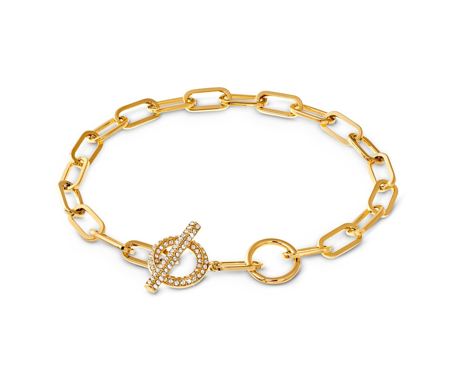 Złota bransoletka Toggle z kryształkami na białym tle.