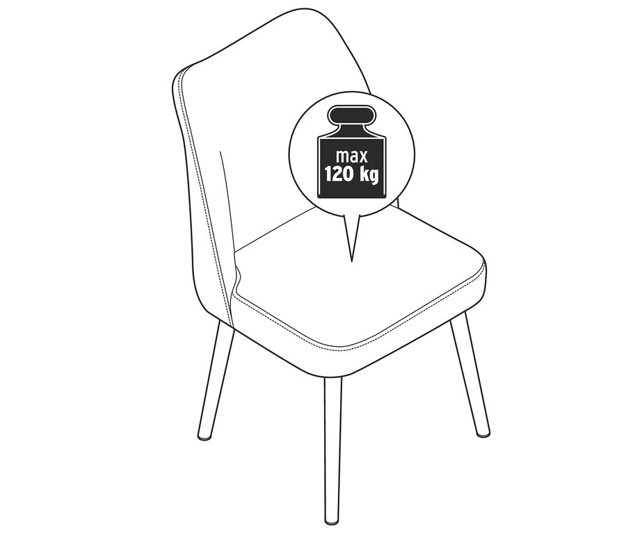 Ilustracja krzesła tapicerowanego z litego drewna dębowego o maksymalnej nośności 120 kg.