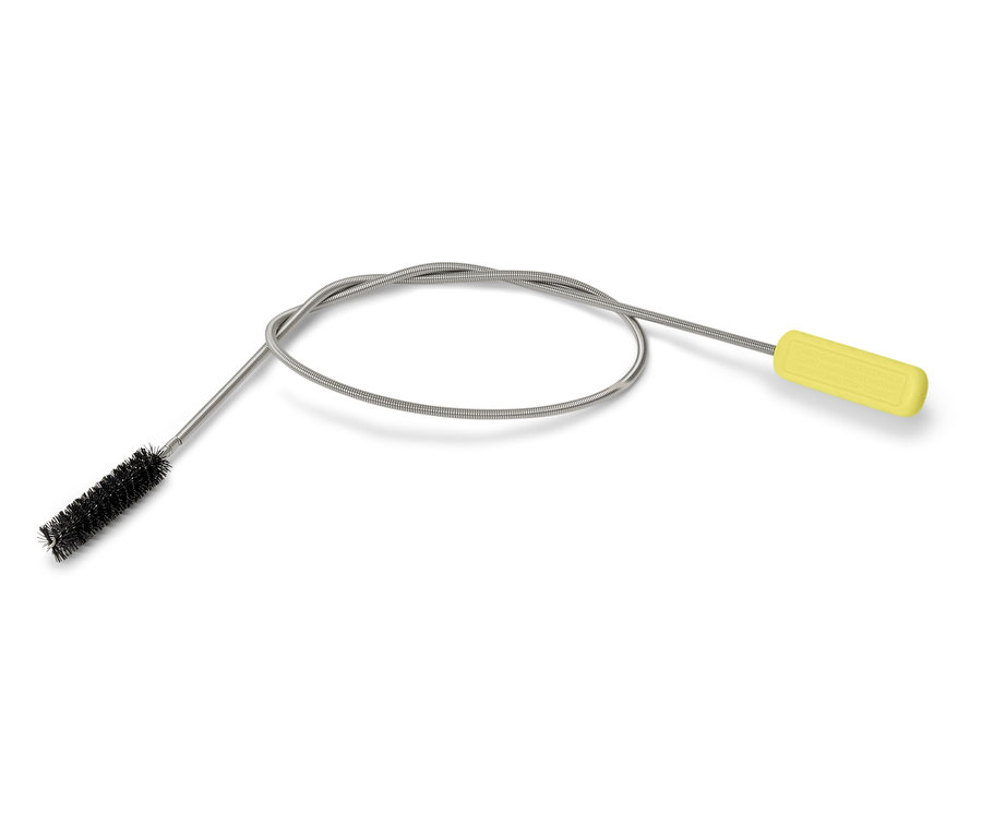 Elastyczna szczotka czyszcząca z żółtą rączką i czarną główką na białym tle.