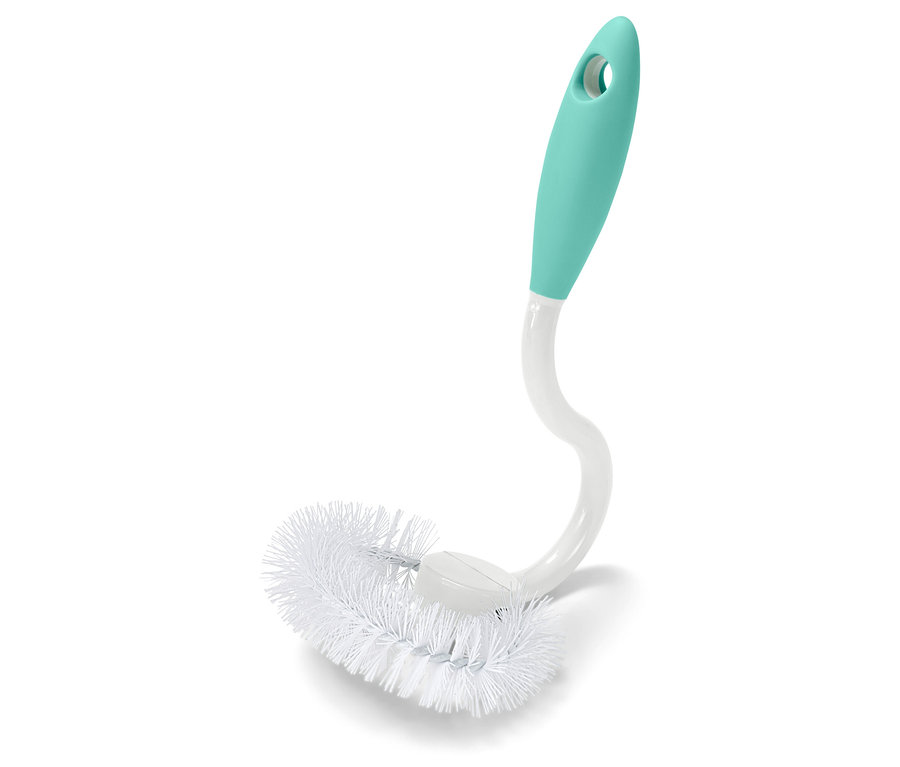 Szczotka do butelek z białym włosiem i turkusową rączką.