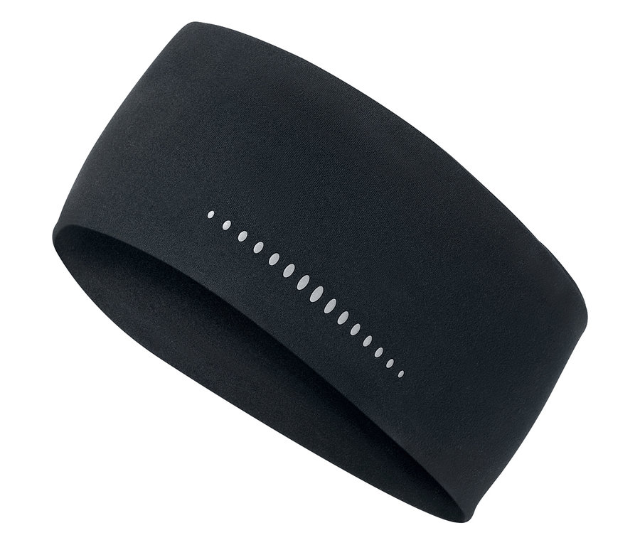 Czarna opaska sportowa z odblaskowymi kropkami na białym tle.