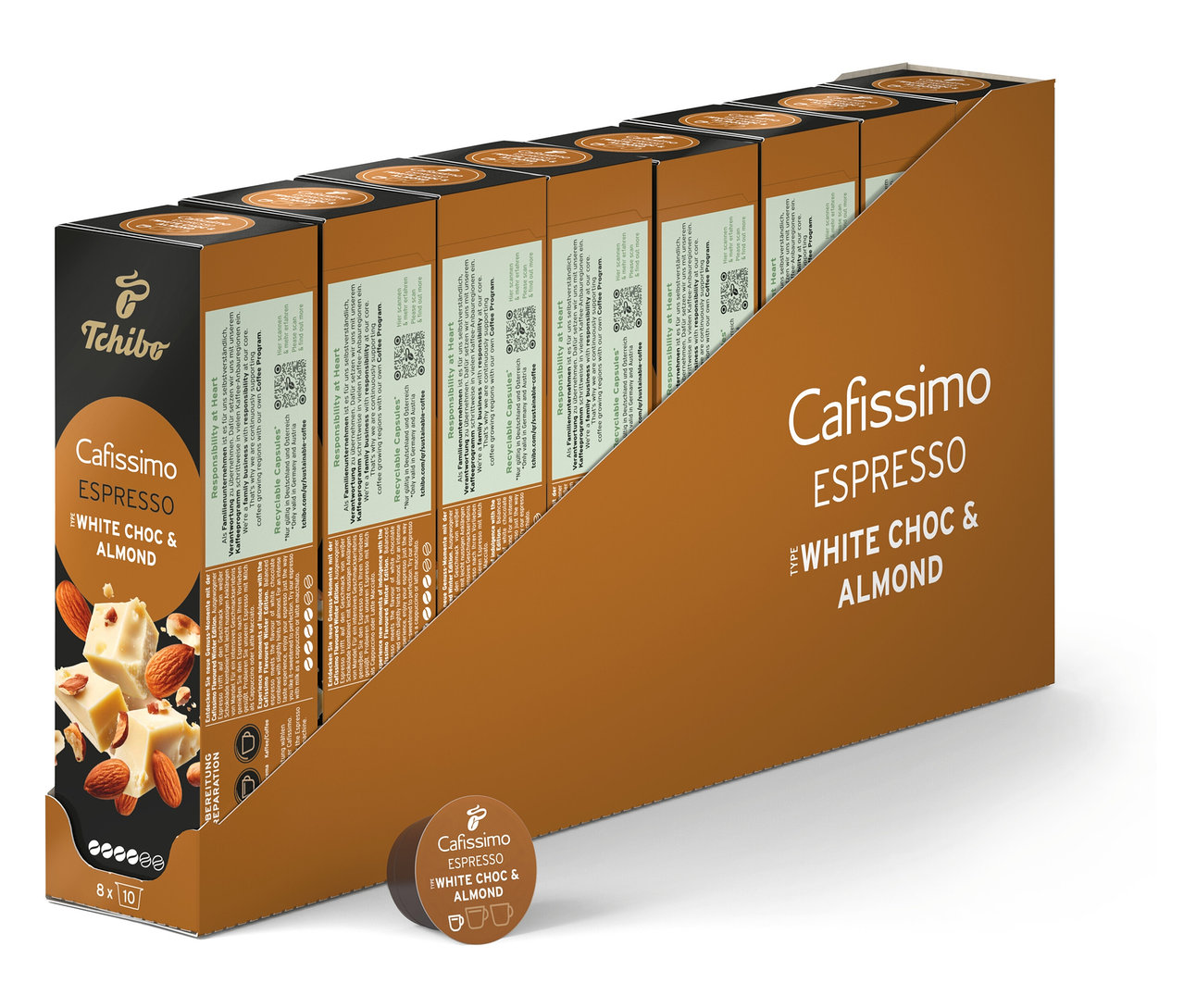 Opakowanie kapsułek Cafissimo Flavoured Espresso - White Choc & Almond - 80 kapsułek.