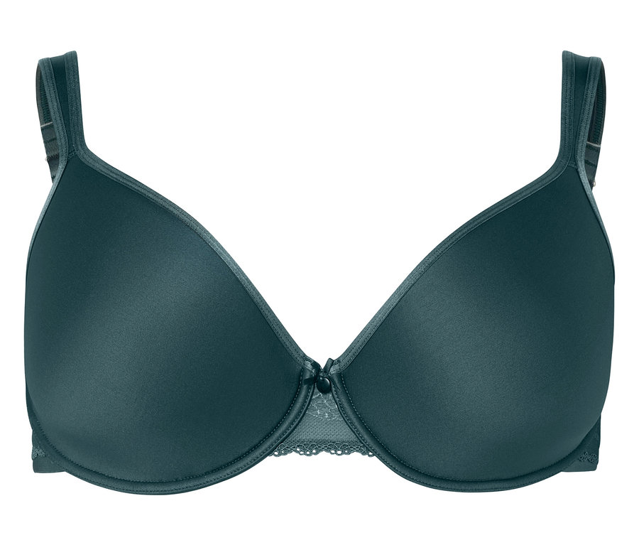 Ciemnozielony biustonosz z fiszbinami i koronkowym wykończeniem.