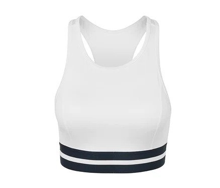 Biała sportowa braletka „Crop Top” z granatowym paskiem na dole.