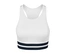 Biała sportowa braletka „Crop Top” z granatowym paskiem na dole.
