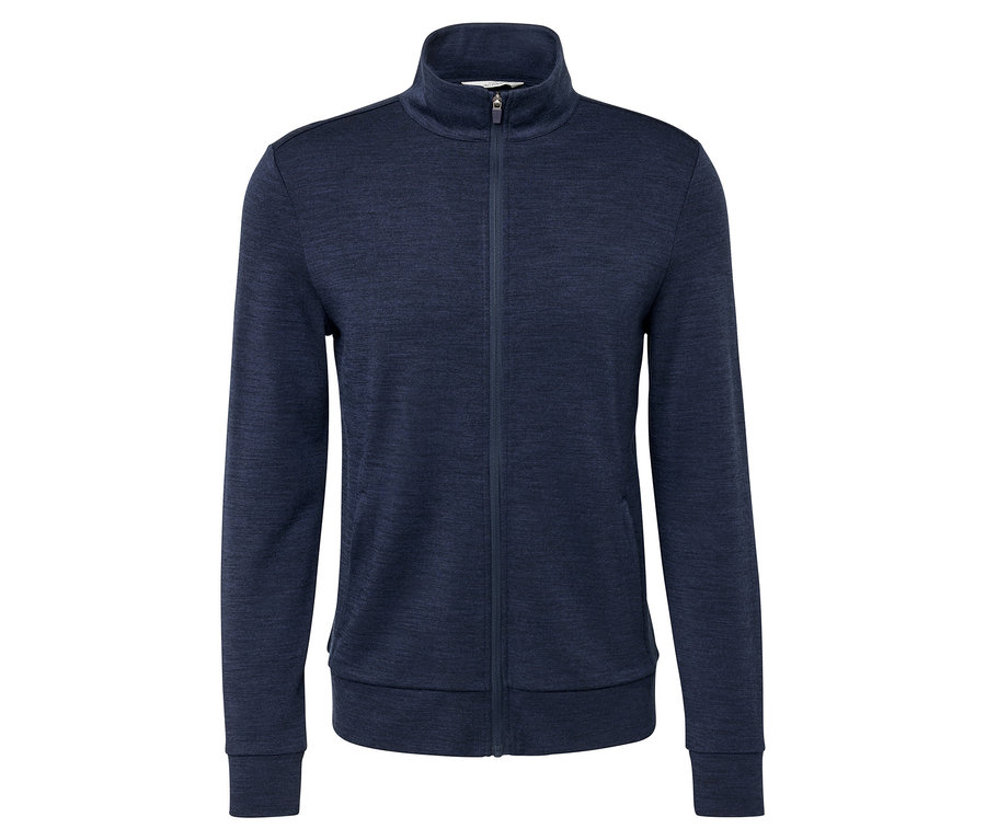 Granatowa bluza funkcyjna z zawartością wełny posiadającej certyfikat RWS, zapinana na zamek.