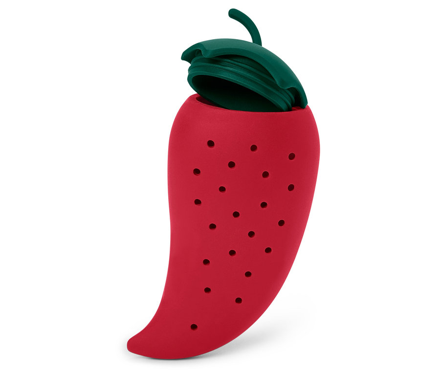Czerwony silikonowy zaparzacz do herbaty w kształcie papryczki chili z pokrywką.