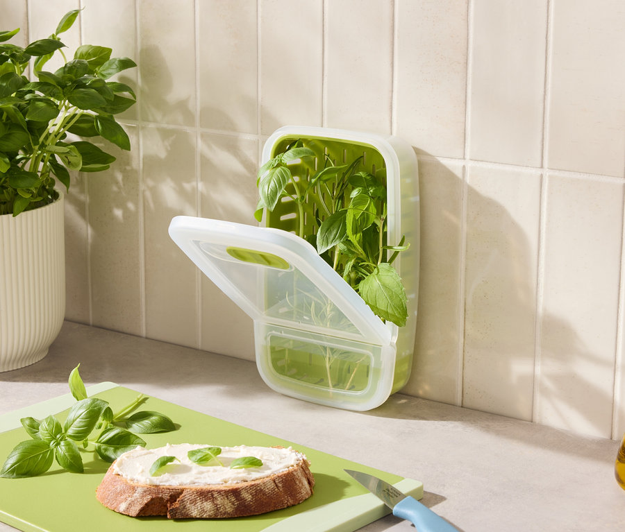 Na blacie znajduje się bazylia w doniczce, pojemnik z bazylią, chleb z bazylią i olej.