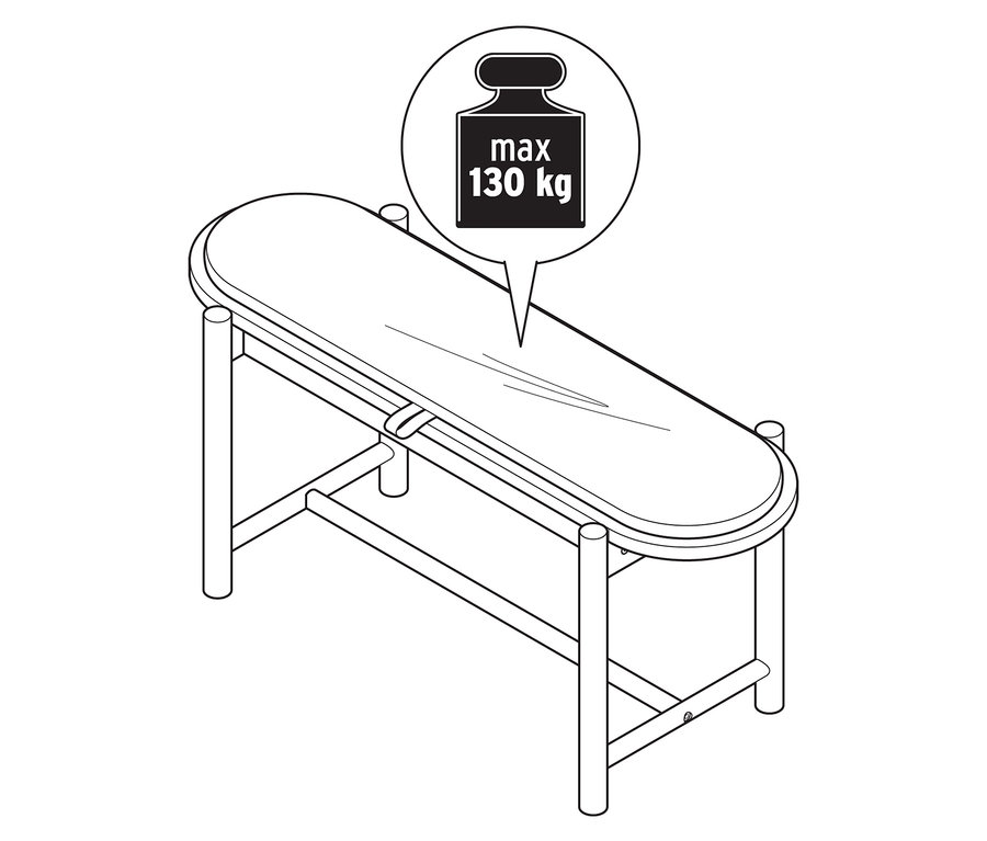 Rysunek owalnej ławki o maksymalnej nośności 130 kg.