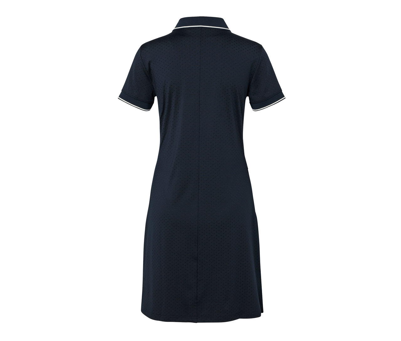 Granatowa sukienka sportowa z białym obszyciem na kołnierzu i rękawach.