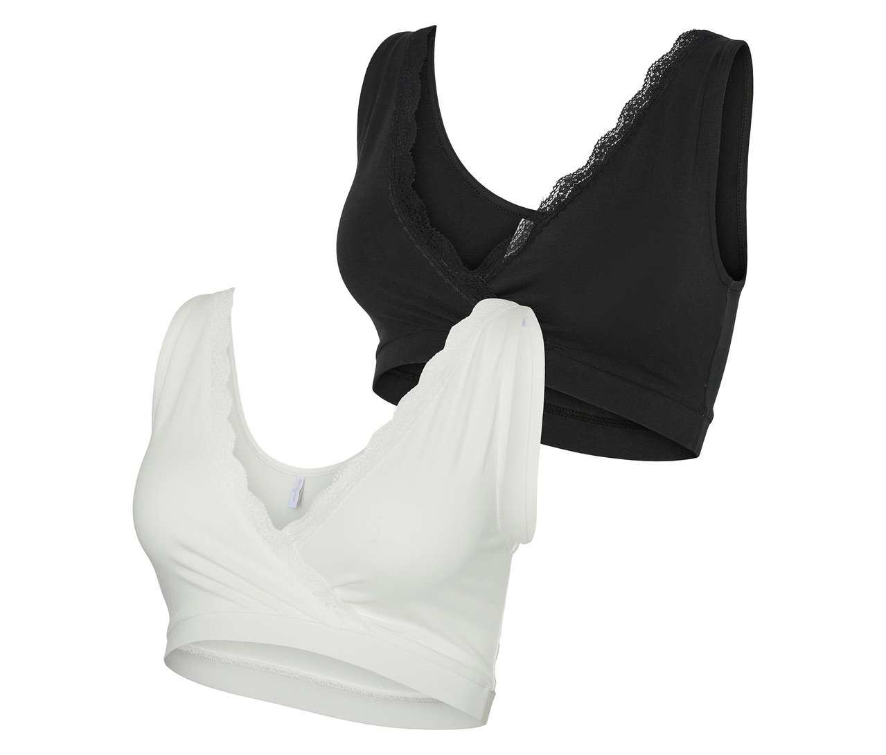 Dwa biustonosze ciążowe MAMALICIOUS „MLHELENA” w zestawie po 2 sztuki, jeden biały i jeden czarny, oba z koronkowym wykończeniem.