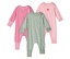 Trzy piżamy niemowlęce, 3 pary, wzór w serca, paski i jednolity róż, każda zapinana na zamek błyskawiczny.