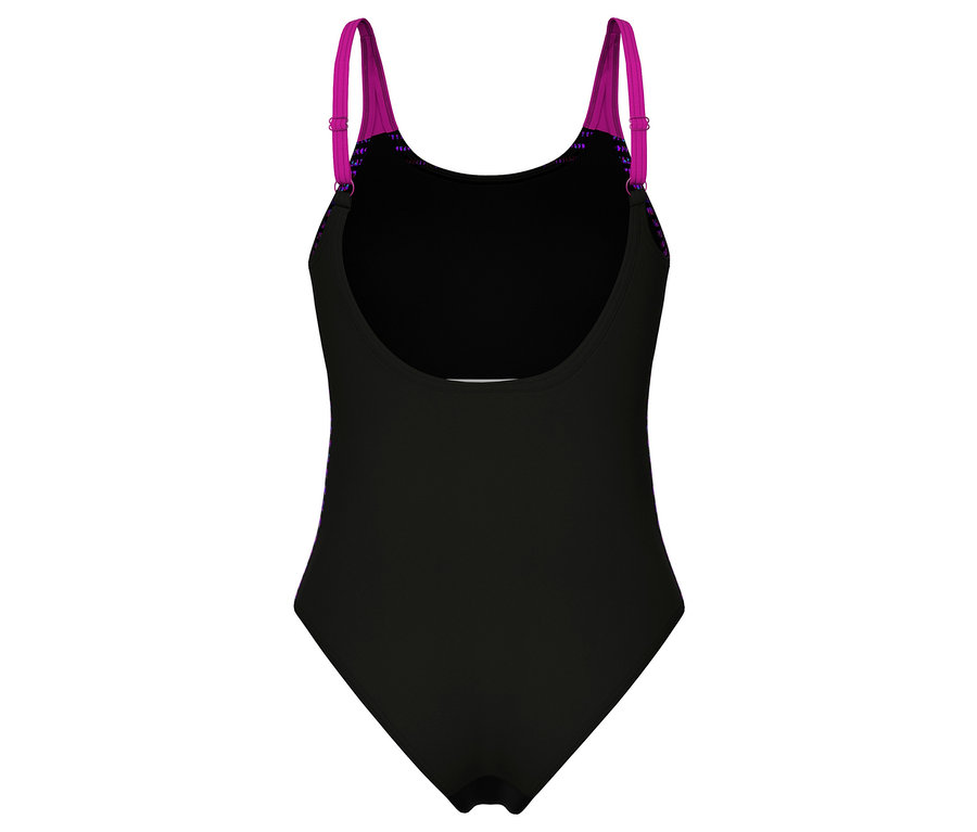 Czarny damski kostium kąpielowy arena Feel Side Placement U Back Bustier z fuksjowymi ramiączkami i wycięciem w kształcie litery U na plecach, z wielokolorowym wzorem po bokach i na ramiączkach.