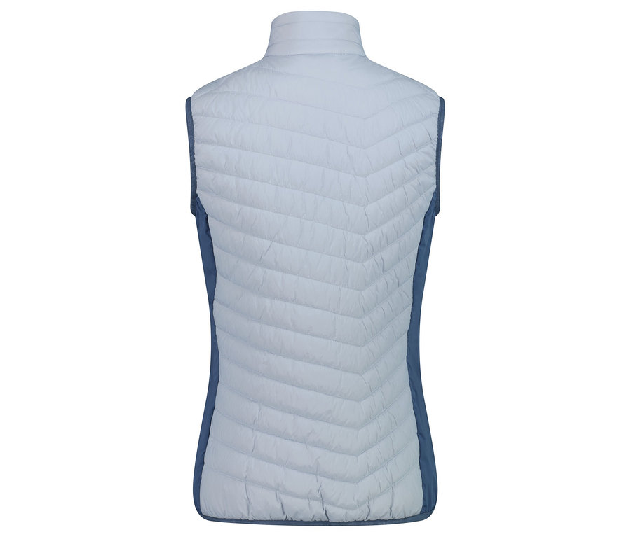 Widok z tyłu jasnoniebieskiej, pikowanej kamizelki z granatowymi bokami.