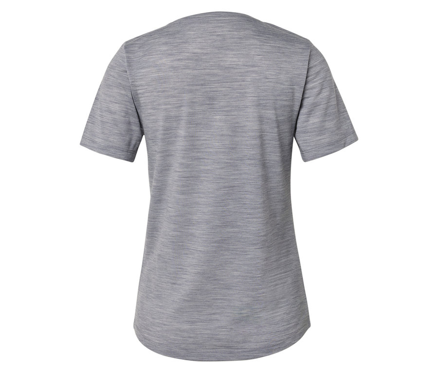 Widok z tyłu szarej koszulki z krótkim rękawem.