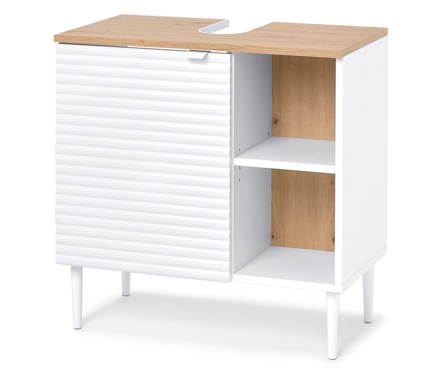 Biała szafka pod umywalkę z drewnianym blatem.