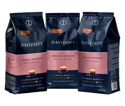 Trzy opakowania kawy ziarnistej Davidoff Crema Intense, opakowanie 1000g.