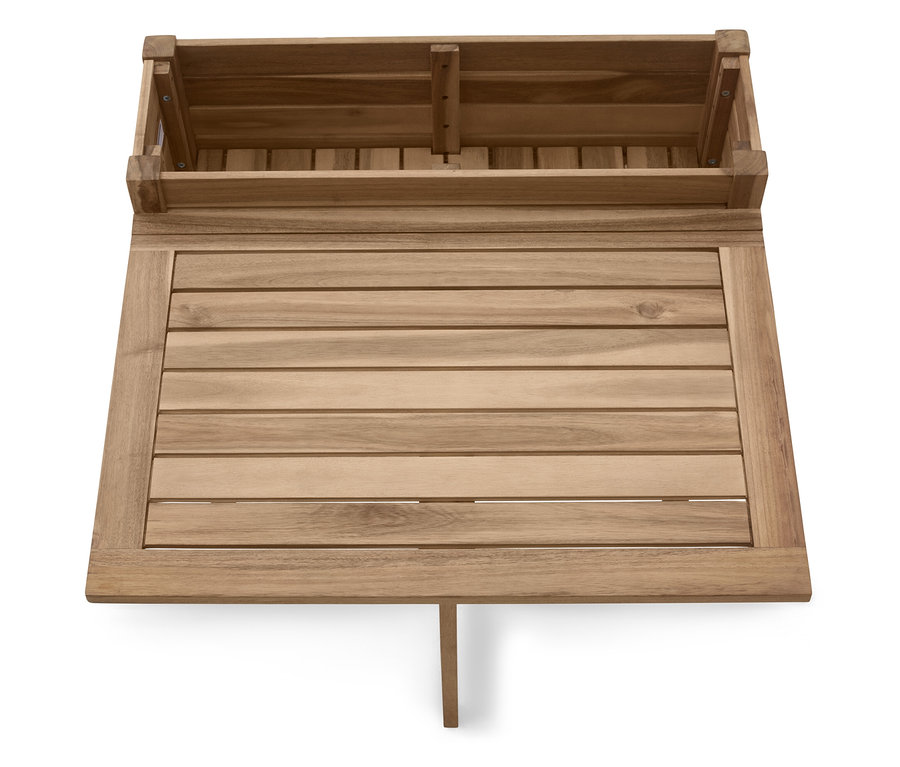 Widok z góry na prostokątny drewniany stół z drewnianym pudełkiem do przechowywania z tyłu, stół ma pojedynczą podporę.