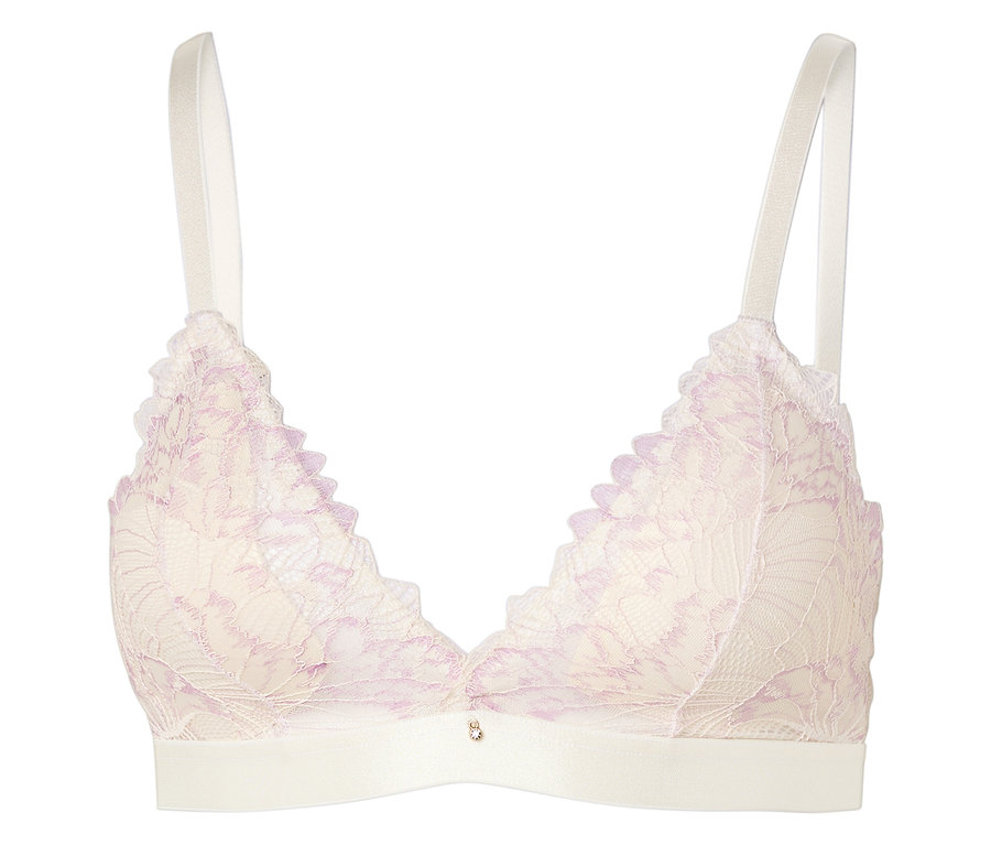 Biustonosz w kolorze kości słoniowej z delikatnym, jasnofioletowym koronkowym wzorem i wąskimi ramiączkami.
