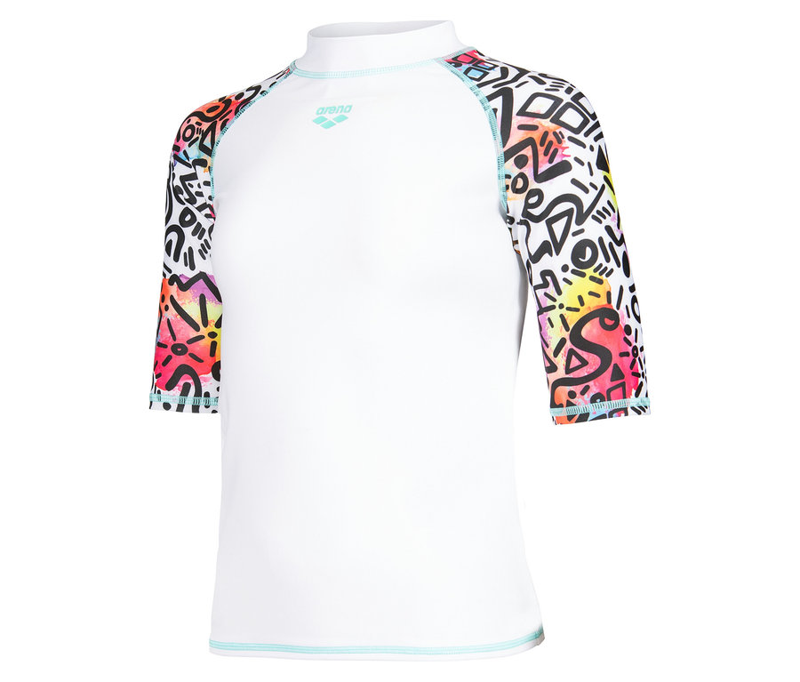 Biała koszulka Arena z długim rękawem i kolorowymi rękawami w graffiti.