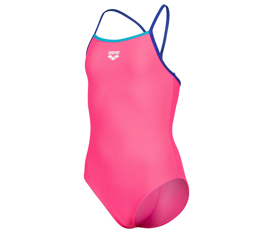 Różowy strój kąpielowy Arena z niebieskimi ramiączkami.
