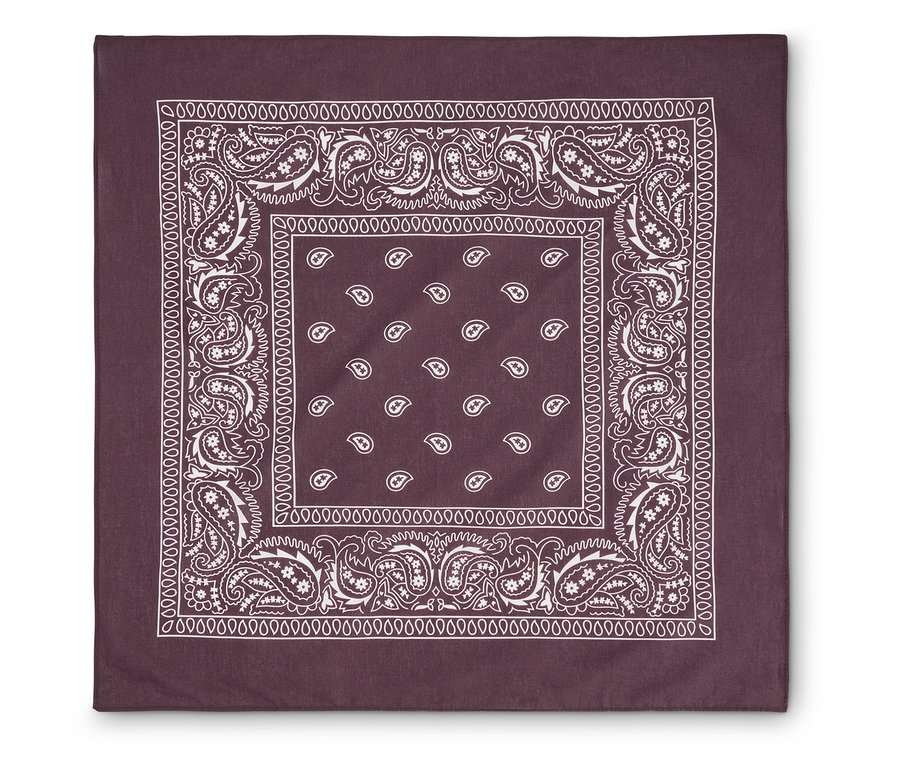 Ciemnoczerwona bandana z białym wzorem paisley i obwódką z małych, białych kół.