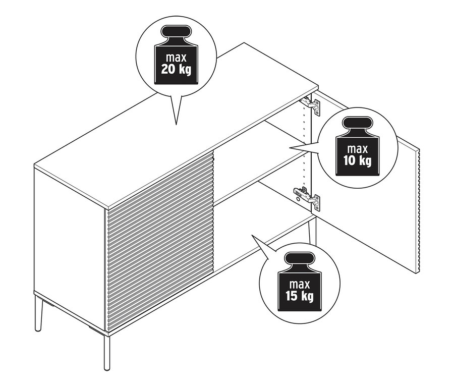 Szkic szafki typu sideboard „REET” z lamelami, z informacją o maksymalnej wadze.