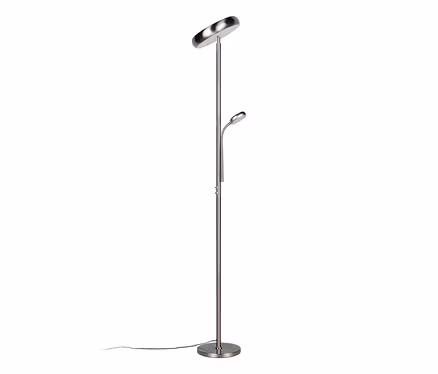 Srebrna lampa stojąca LED Reality „Palermo” z okrągłą podstawą, lampą sufitową i elastyczną lampką do czytania.
