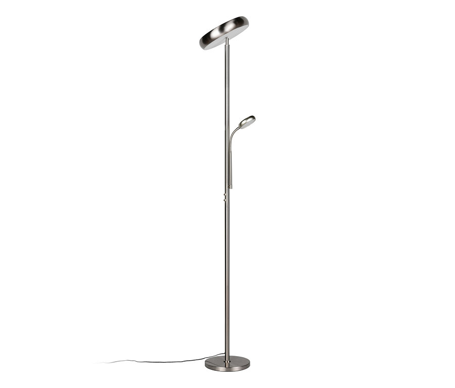 Srebrna lampa stojąca LED Reality „Palermo” z okrągłą podstawą, lampą sufitową i elastyczną lampką do czytania.