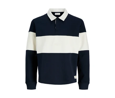 Jack&Jones Polo Sweater z długim rękawem, w granatowo-kremowe poziome pasy, z białym kołnierzykiem i zapięciem na dwa guziki.