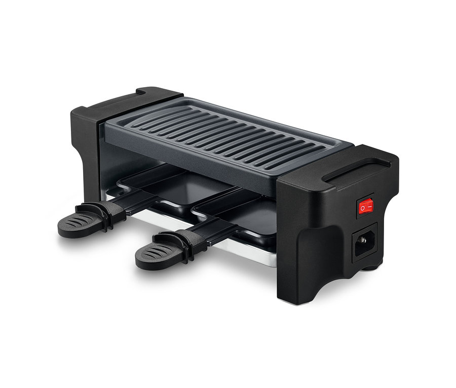 Czarny grill do raclette dla dwóch osób z włącznikiem.