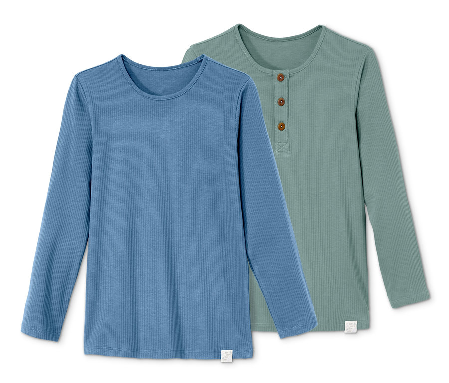 Dwie koszulki z długimi rękawami: niebieska i zielona.