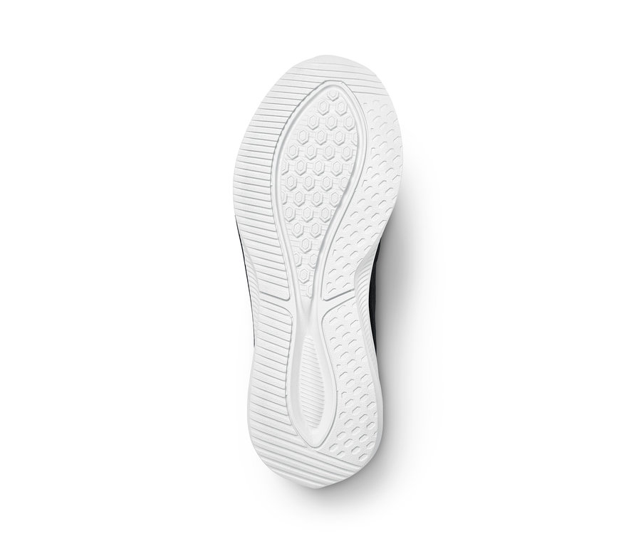 Podeszwa buta typu sneaker z geometrycznym wzorem na białym tle.
