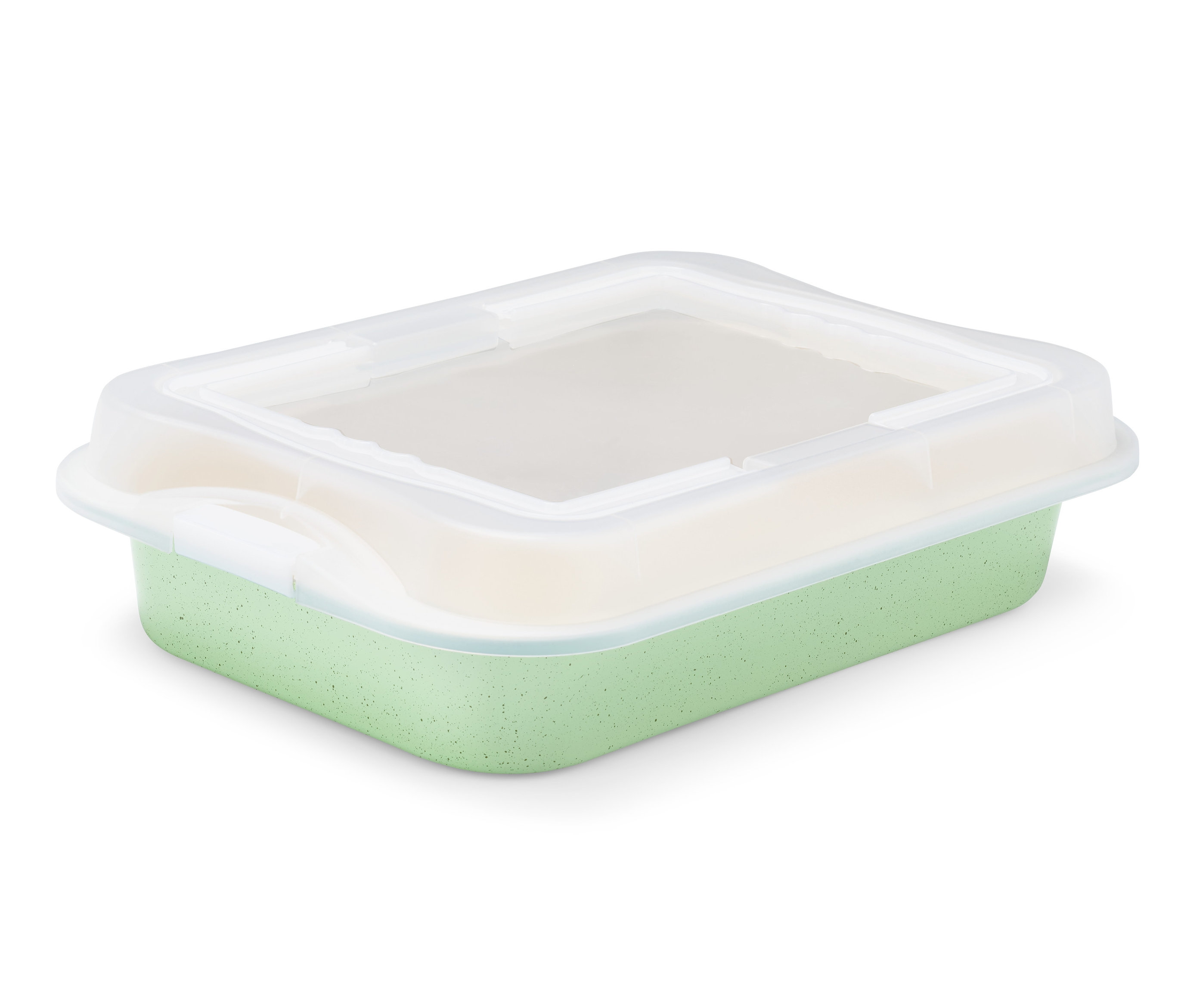 Zielona blacha do pieczenia z przezroczystą pokrywką.