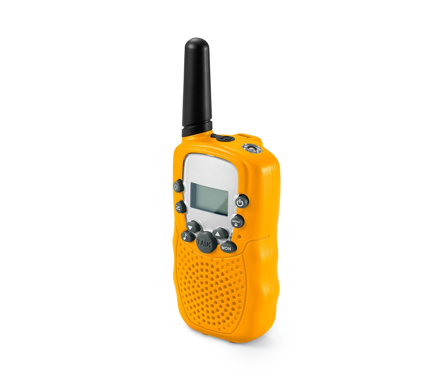 Żółte walkie-talkie, 2 sztuki, z czarną anteną.