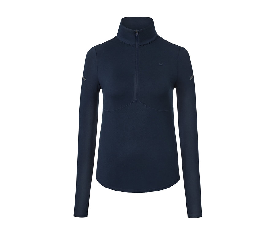 Granatowa termiczna bluzka funkcyjna z długim rękawem i zamkiem błyskawicznym przy szyi.