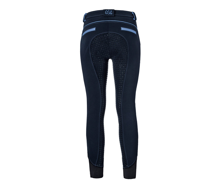 Szczegółowy widok z tyłu granatowych damskich spodni do jazdy konnej USG.