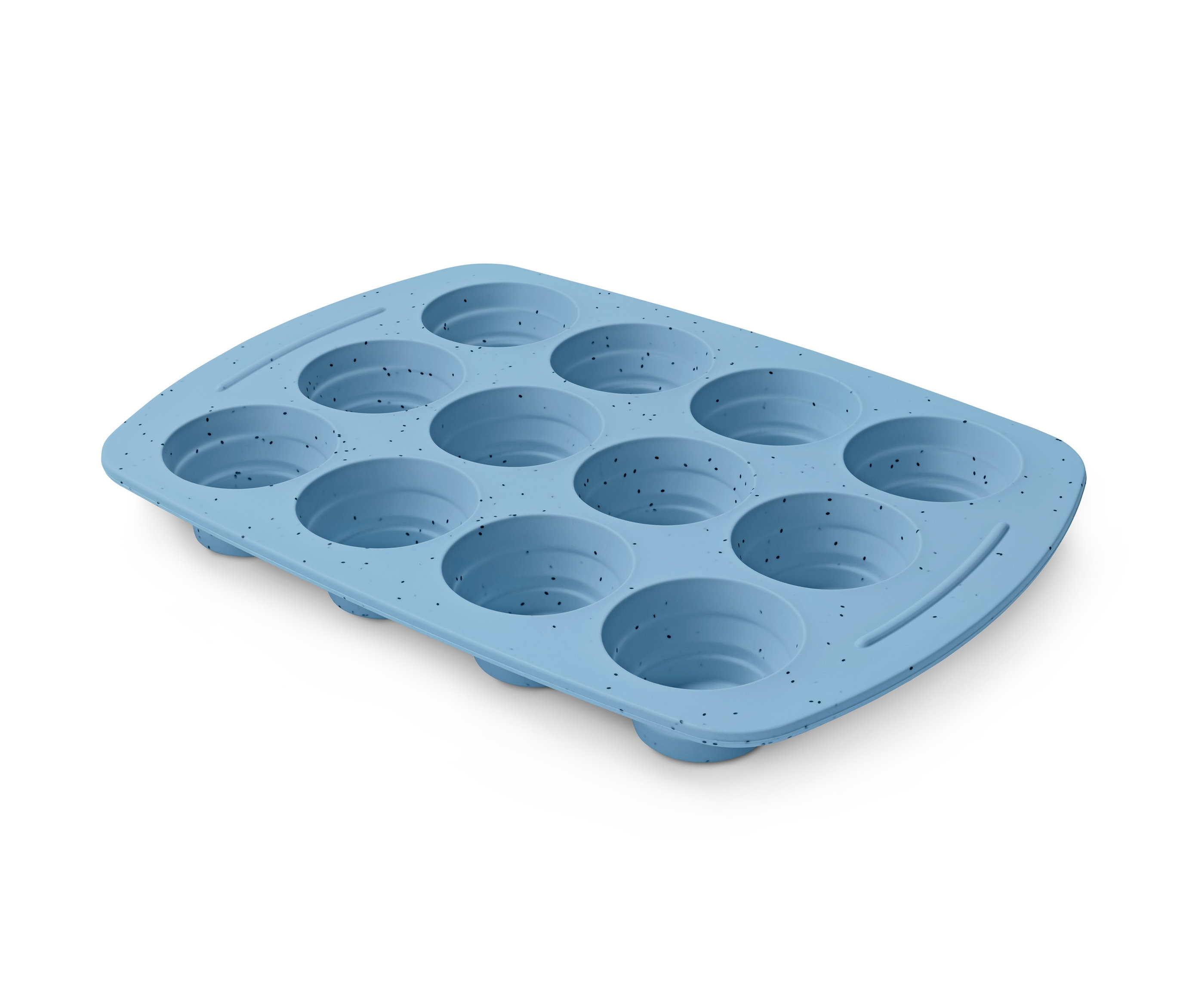 Jasnoniebieska blacha do muffinów z dwunastoma wgłębieniami.