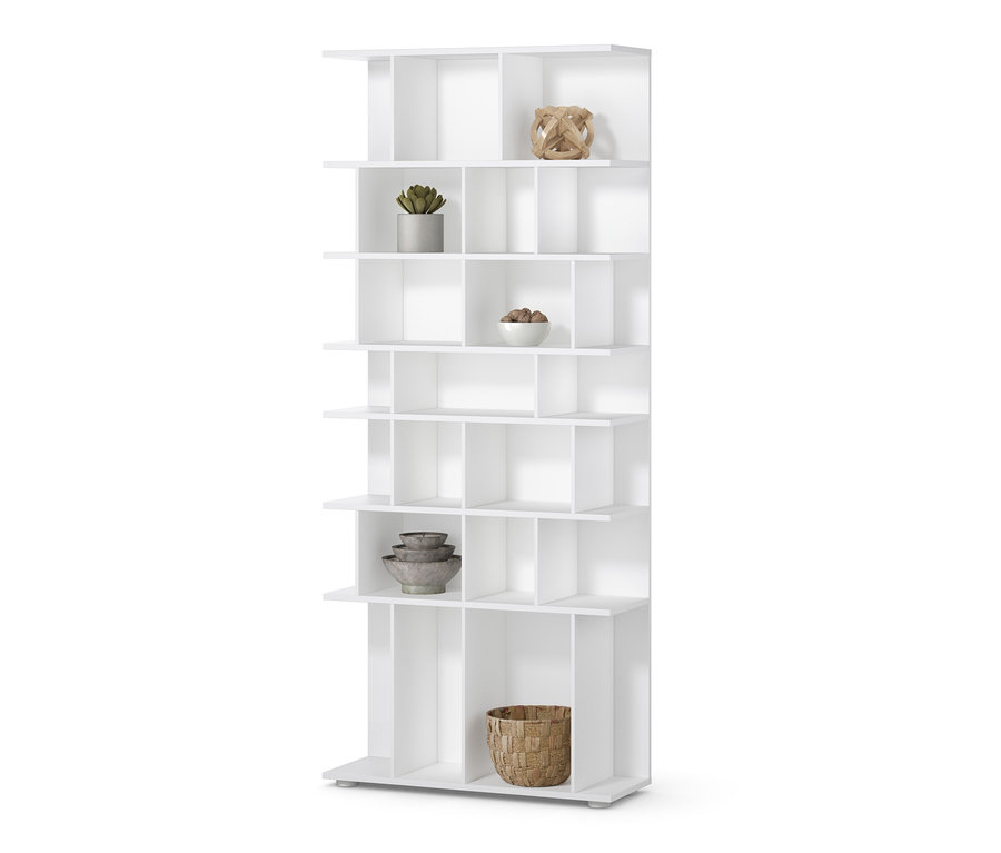 Biały regał o szerokości ok. 80 cm z dekoracjami.