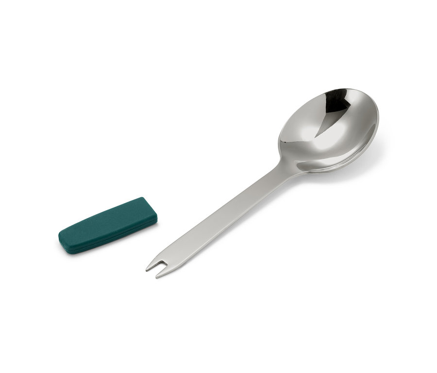 Srebrna łyżka i zielone etui na białym tle.