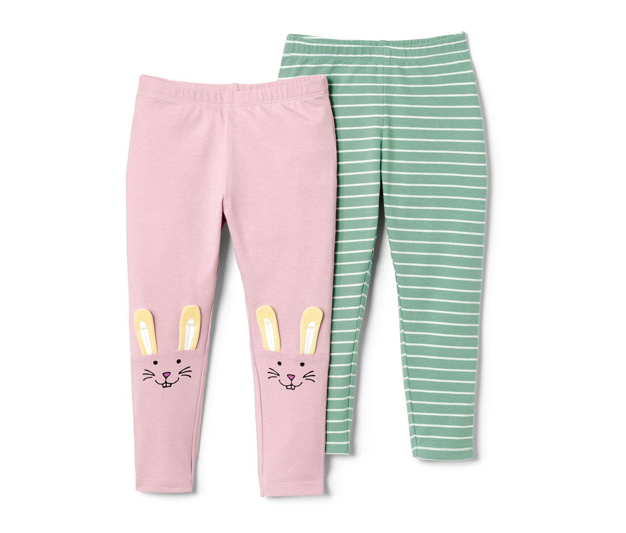 Dwie pary legginsów dziecięcych: jedna różowa z króliczym wzorem, druga zielona w białe paski.