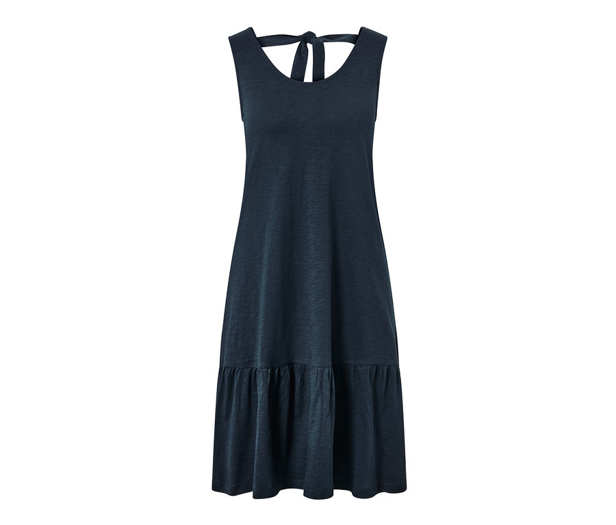 Granatowa sukienka dżersejowa z falbaną.