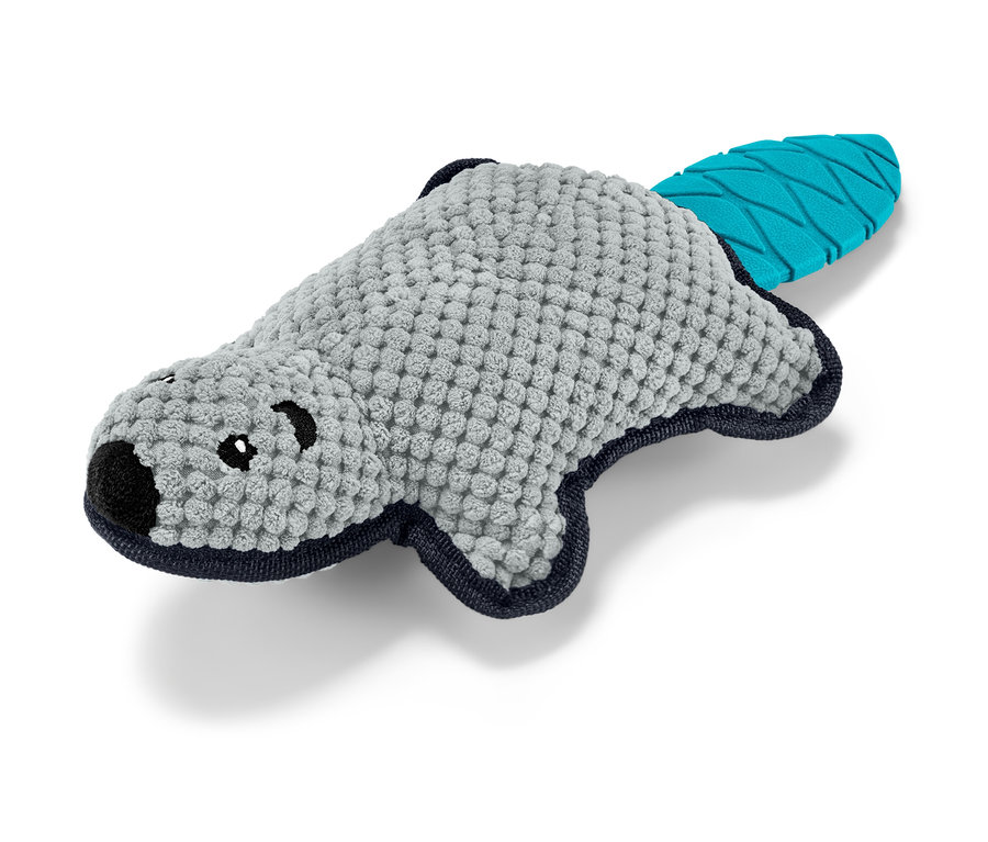 Pluszowa zabawka dla psa „Bóbr” leży na białym tle.