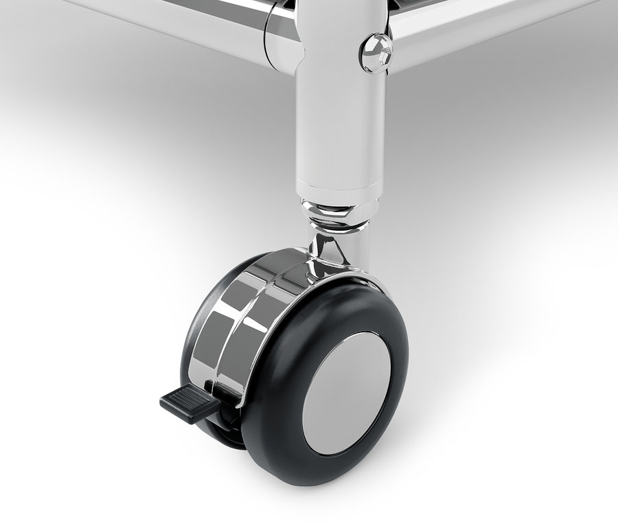 Detal szarego metalowego kontenera na kółkach »CN3« z 3 drzwiczkami.